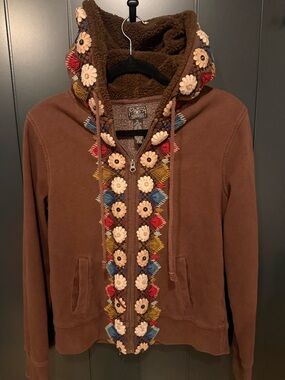 Lucky Brand Brown Floral Embroidered Hooded Teddy Jacket 🌼